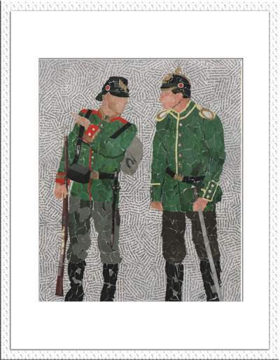 Billedkunst med to 1864 soldater. Måler med ramme 40 x 50 cm.