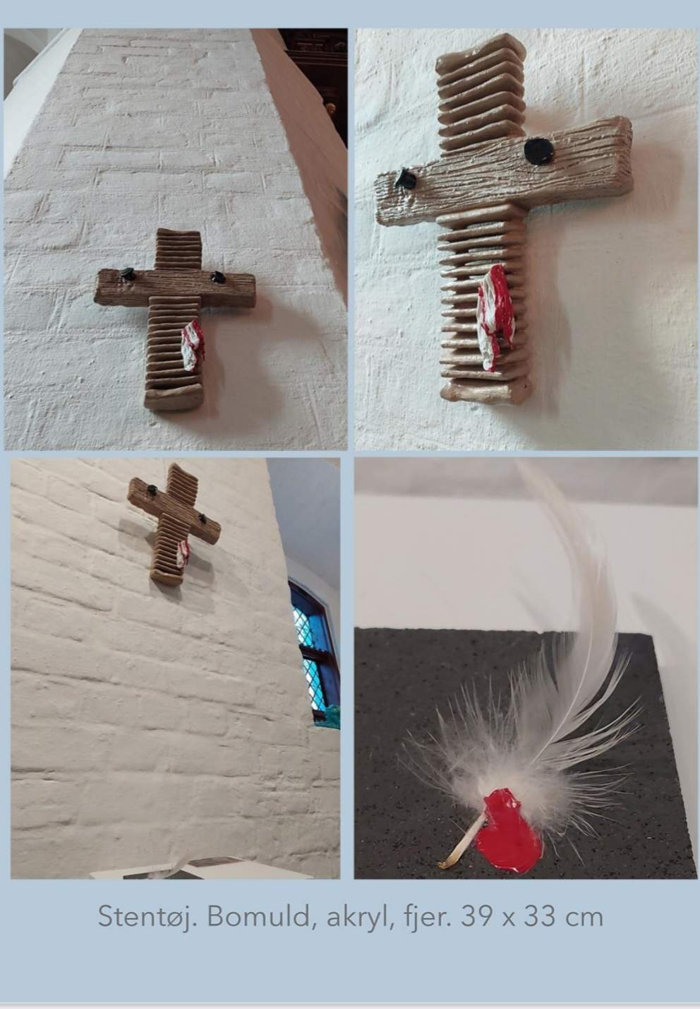The cross from different angles and the feather with a drop of blood on the floor.