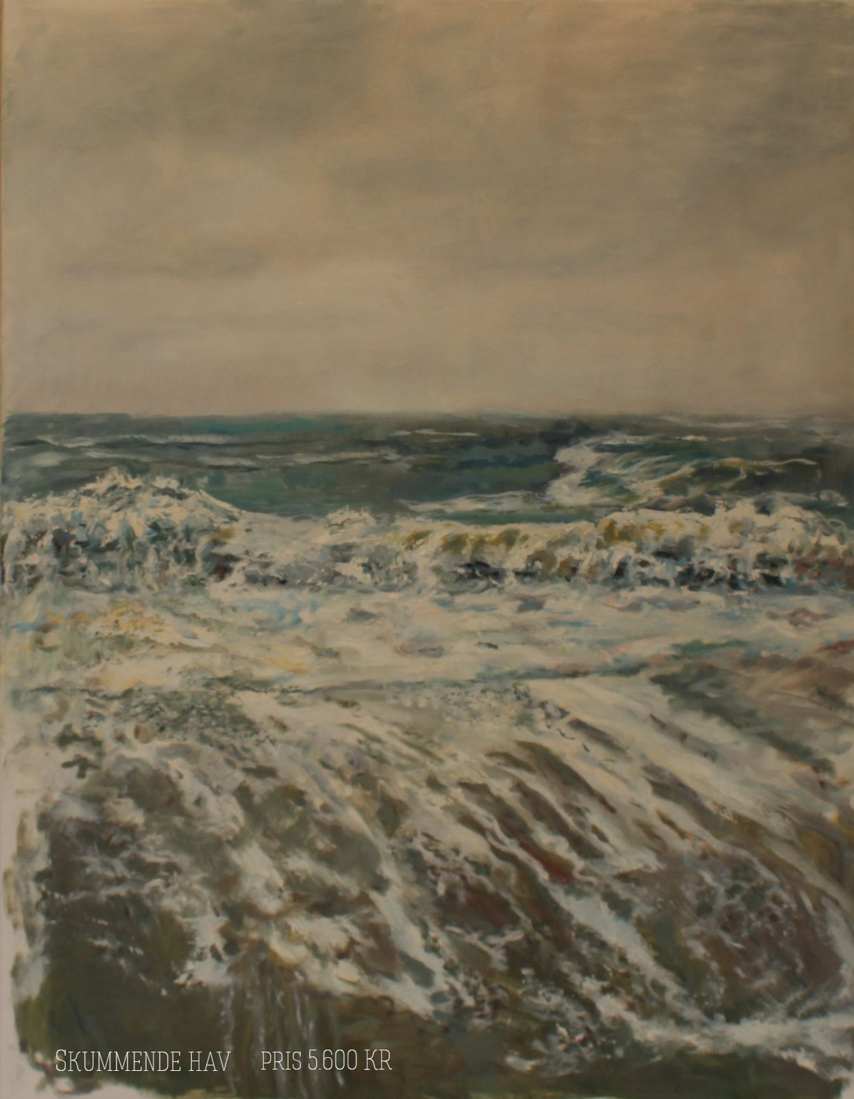 Oliemaleri 80 x 60 af skummende bølger ved strand malet af  Tove Lois Andreasen