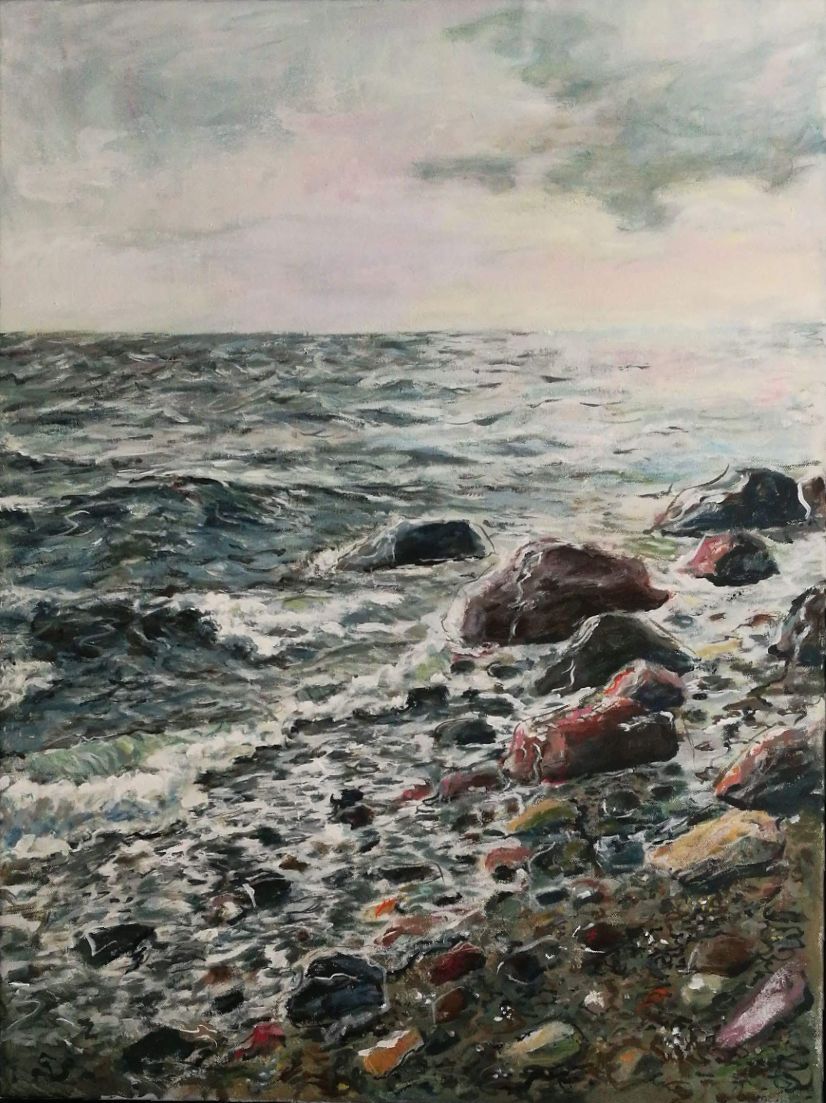 Maleri af Tove Lois Andreasen fra den stenede kyst på vestsiden af Langeland