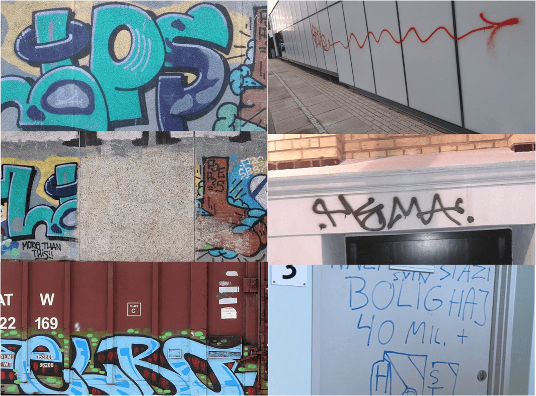 Professionel håndtering efter graffitihærværk, kontakt TjEK Skadeservice på telefon 72 72 72 72 - døgnvagt året rundt.