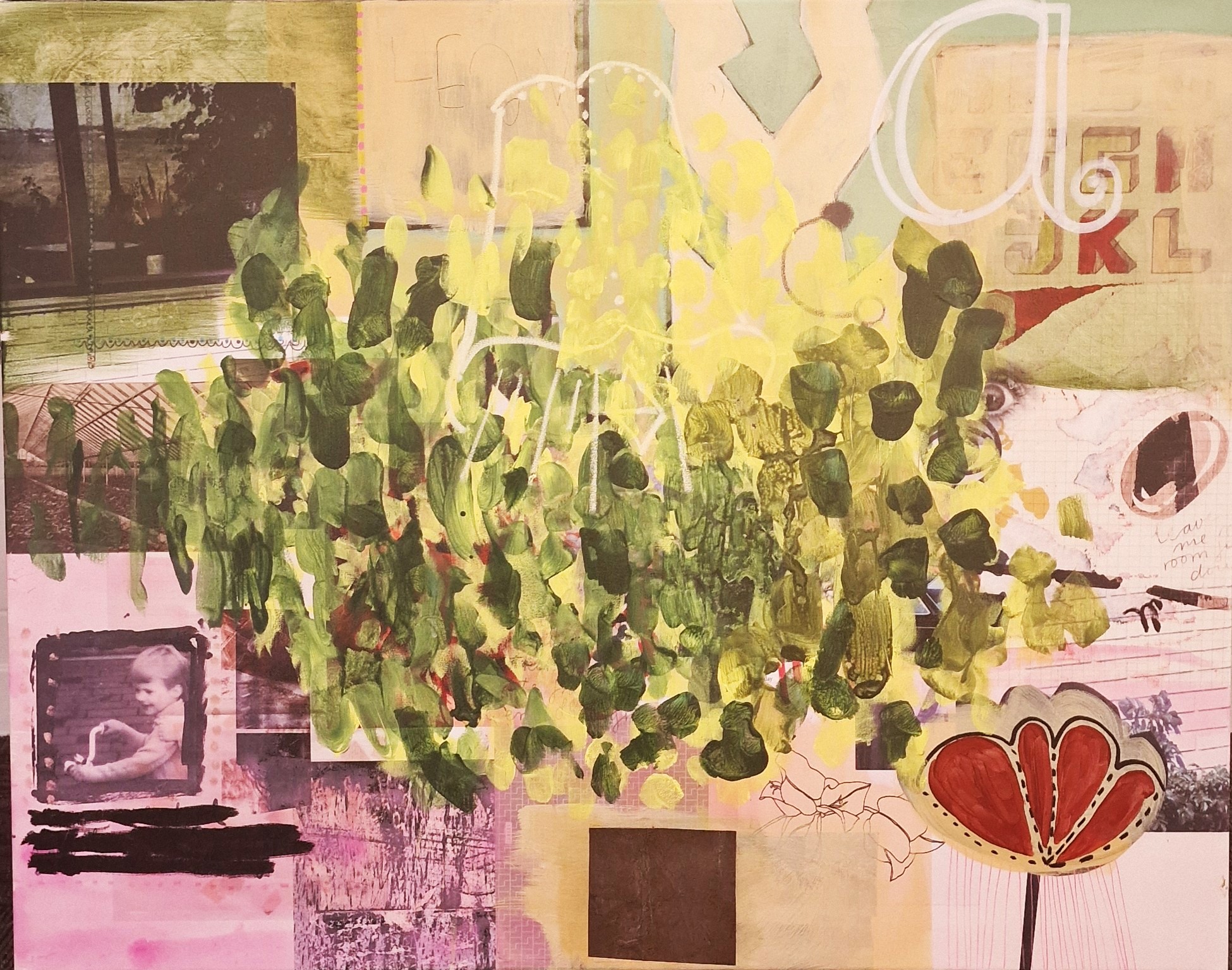 Greenhouse, viva la juicy, 80 x 100 cm, acryl, tusch, digitalt print, oliekridt, collage på lærred (