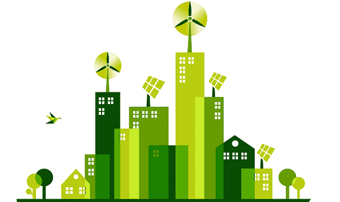 Grafisk tegning af grøn by med vindmøller og solceller